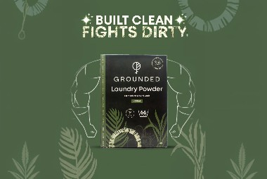 Grounded laundry powder surrounded by botanical illustrations representing everyday household toxins and cleaner living