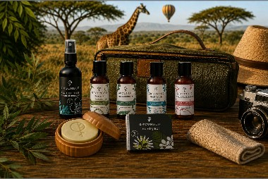 Grounded eco-friendly travel products arranged with safari luggage, camera and reusable accessories