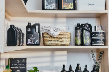Range of Grounded household cleaning products arranged on shelves in a home
