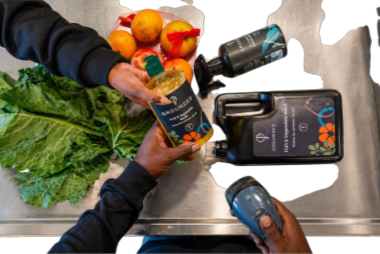 Grounded cleaning products being used around fresh fruit and vegetables in a kitchen sink