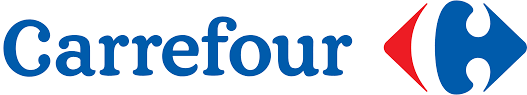 Carrefour logo with blue text and red and blue arrow symbol